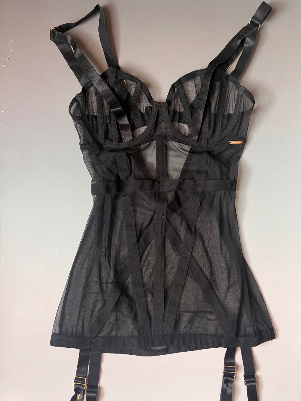 Bluebella Black Mesh Basque Bustier 34D Sheer Garter Corset Lingerie